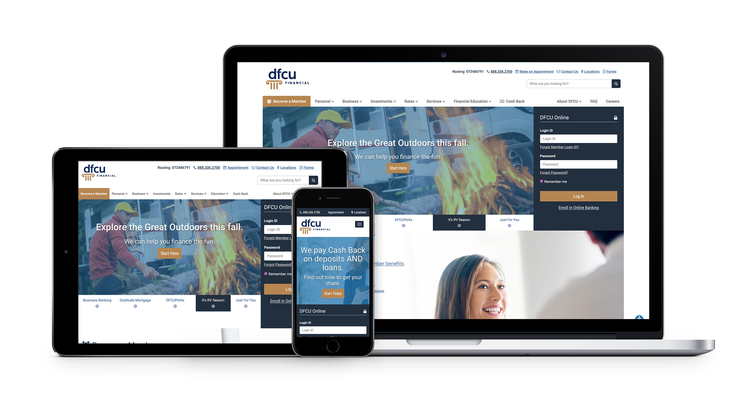 Phone, Tablet, and Desktop preview of DFCU Financial Website