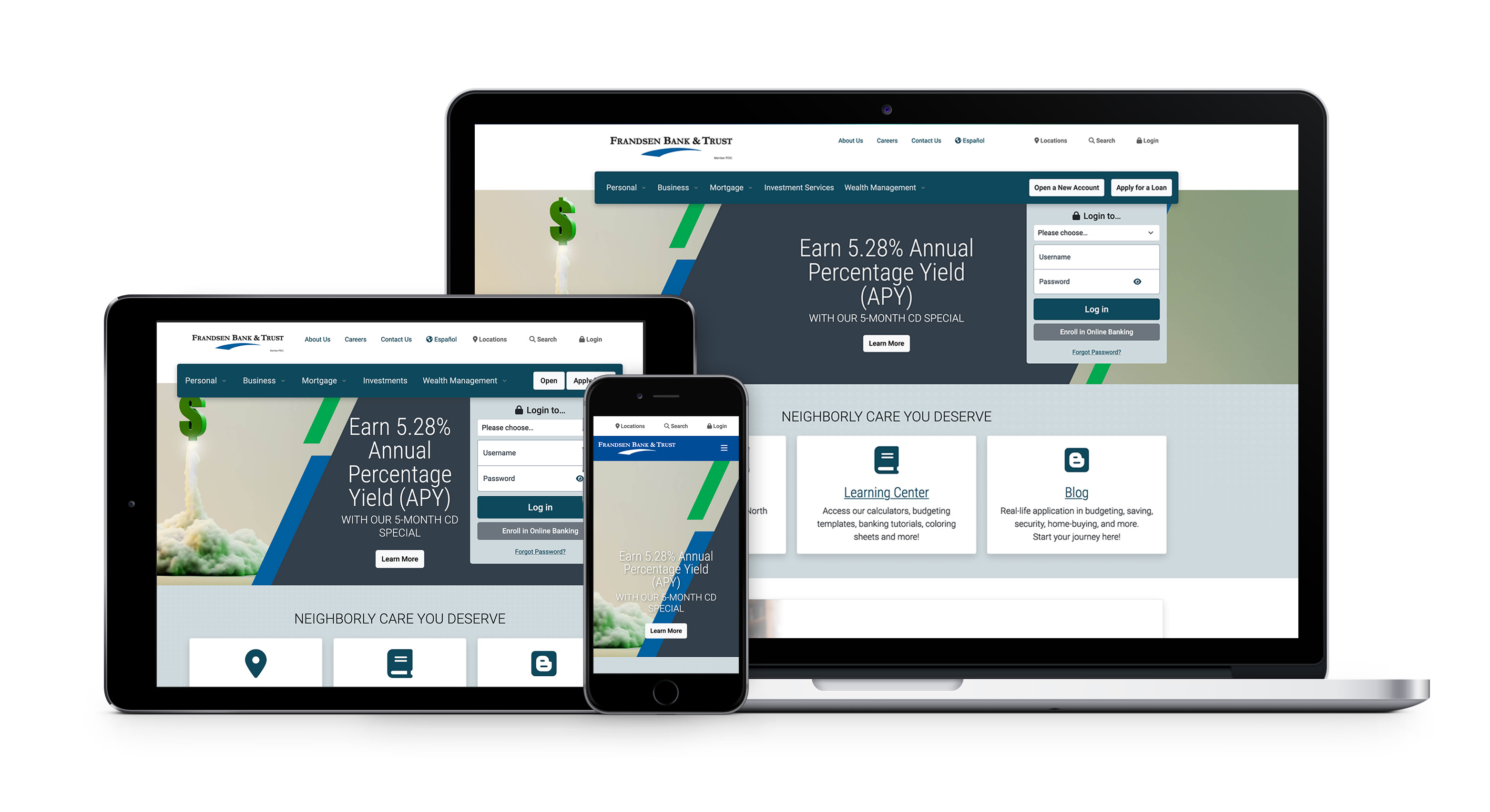 Phone, Tablet, and Desktop preview of Frandsen Bank & Trust Website